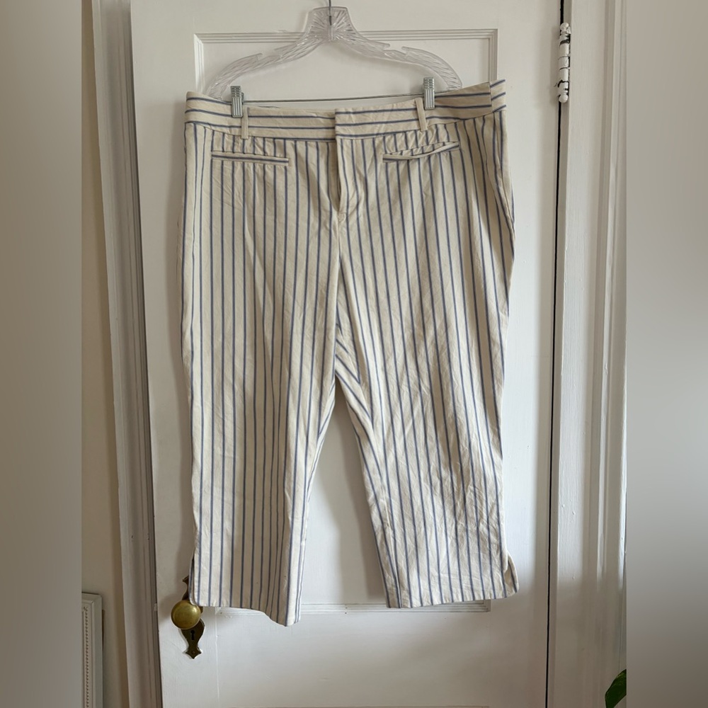 Anthropologie Cream Pants with Navy Pinstripes